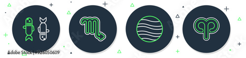 Set line Scorpio zodiac, Planet Jupiter, Pisces and Aries icon. Vector