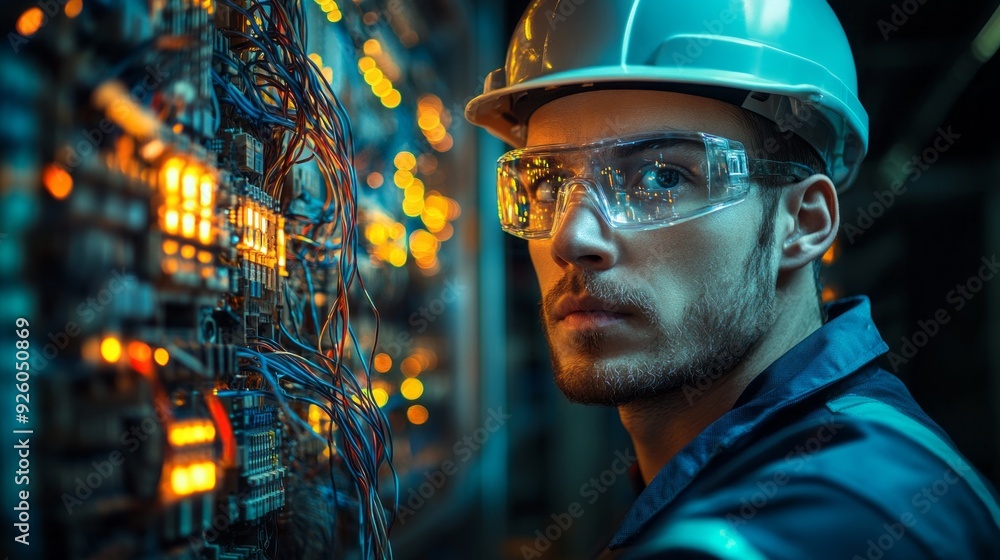 A young engineer inspects intricate wiring and illuminated panels, surrounded by the hum of machinery and a focused atmosphere A young engineer inspects intricate wiring and illuminated panels, surrounded by the hum of machinery and a focused atmosphere