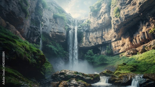 Waterfall surrounded by towering cliffs.