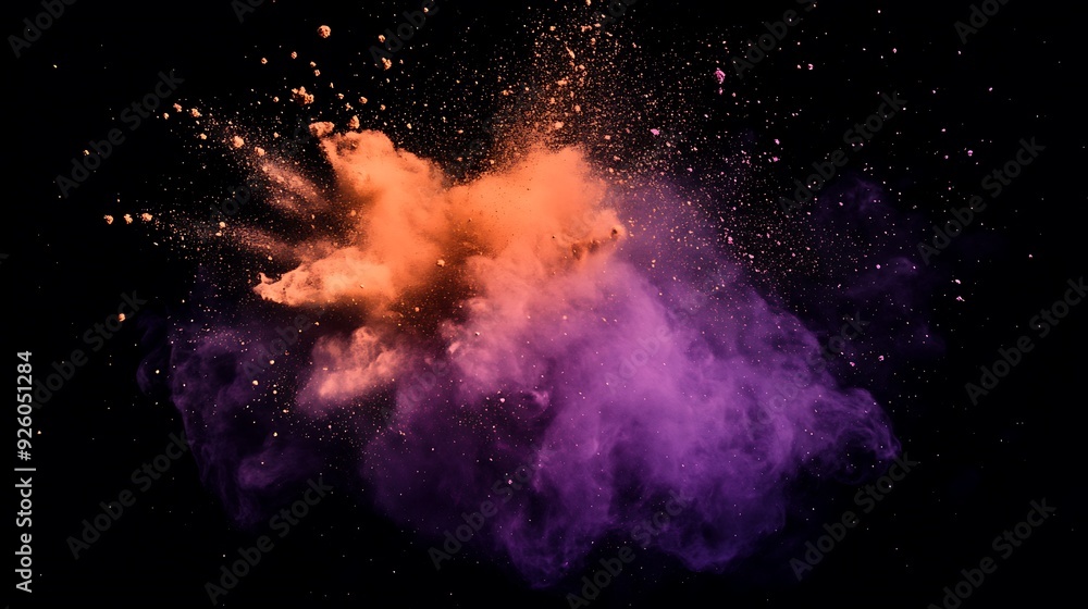 Abstract orange and purple powder explosion on black background. Abstract orange and purple powder explosion on black background.