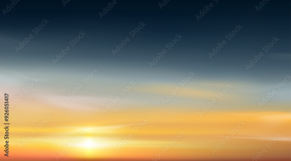 Obraz premium Sunset,Sky Cloud Background,Sunrise with Yellow,Orange,Blue Sky.Winter Nature Landscape Dramatic Golden Hour with twilight Sky in Evening after Sun Dawn,Vector Horizon Summer sundown by Sea Beach