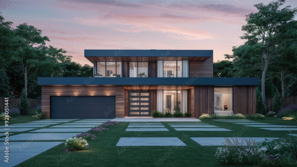Modern home with entrance and front yard. Modern home with entrance and front yard.