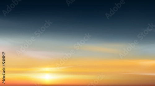 Sunset,Sky Cloud Background,Sunrise with Yellow,Orange,Blue Sky.Winter Nature Landscape Dramatic Golden Hour with twilight Sky in Evening after Sun Dawn,Vector Horizon Summer sundown by Sea Beach