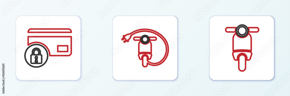 Set line Scooter, Credit card with lock and Electric scooter icon. Vector Set line Scooter, Credit card with lock and Electric scooter icon. Vector