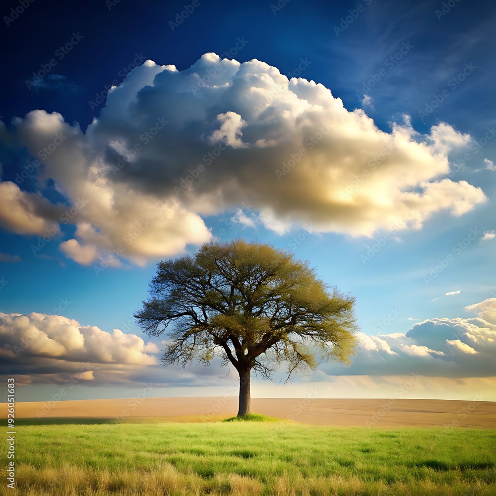 Fototapeta premium Beautiful landscape with lonely tree on the meadow under cloudy sky
