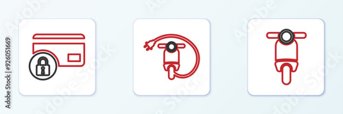Set line Scooter, Credit card with lock and Electric scooter icon. Vector