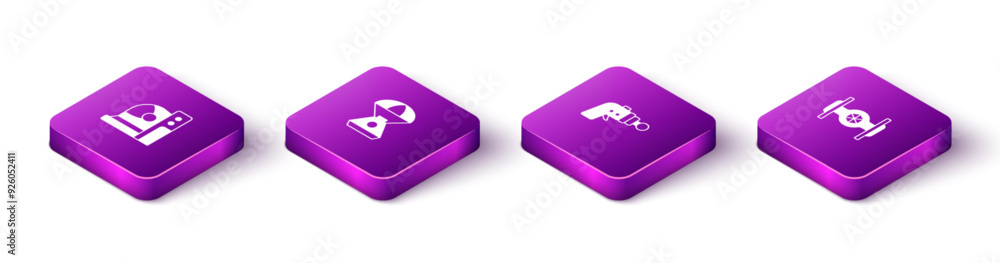 Set Isometric Astronaut helmet, Space capsule, Ray gun and Cosmic ship icon. Vector Set Isometric Astronaut helmet, Space capsule, Ray gun and Cosmic ship icon. Vector