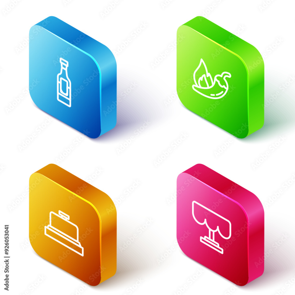 Set Isometric line Wine bottle, Hot chili pepper pod, Hotel service bell and Wooden table icon. Vector Set Isometric line Wine bottle, Hot chili pepper pod, Hotel service bell and Wooden table icon. Vector