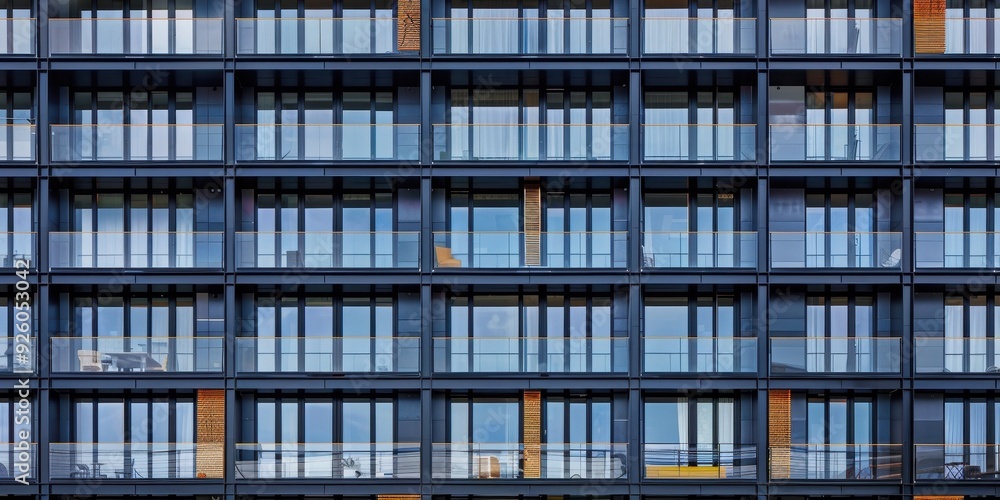 Obraz premium Close-up of a modern building facade featuring large reflective windows and a structured design