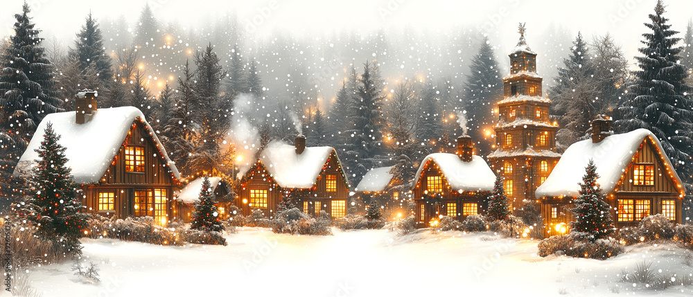 Fototapeta premium Christmas Village on a Transparent Background, xmas, holiday, traditional, winter, ice, New Year, Gift, Snow, party, Santa, Festive, Fireworks, png file, cut off bg, 300 dpi