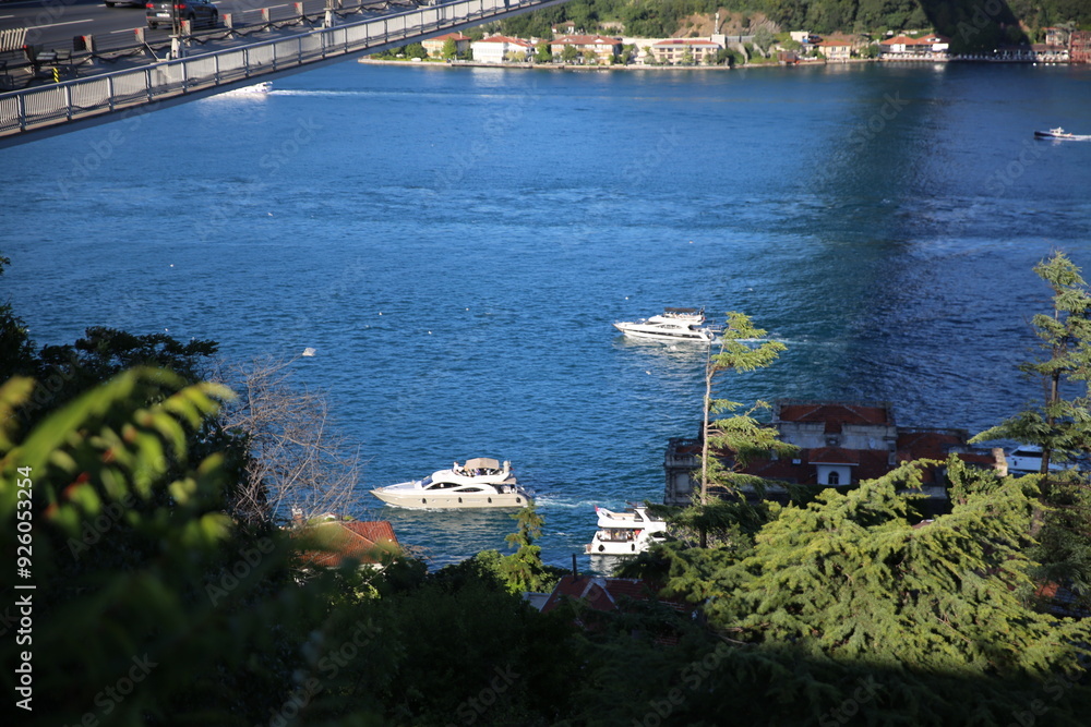 A breathtaking view of the Bosphorus with boats sailing past a historic bridge and lush greenery