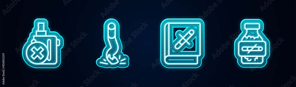 Set line No electronic cigarette, Cigarette butt, Book with stop and Nicotine gum in blister pack. Glowing neon icon. Vector Set line No electronic cigarette, Cigarette butt, Book with stop and Nicotine gum in blister pack. Glowing neon icon. Vector