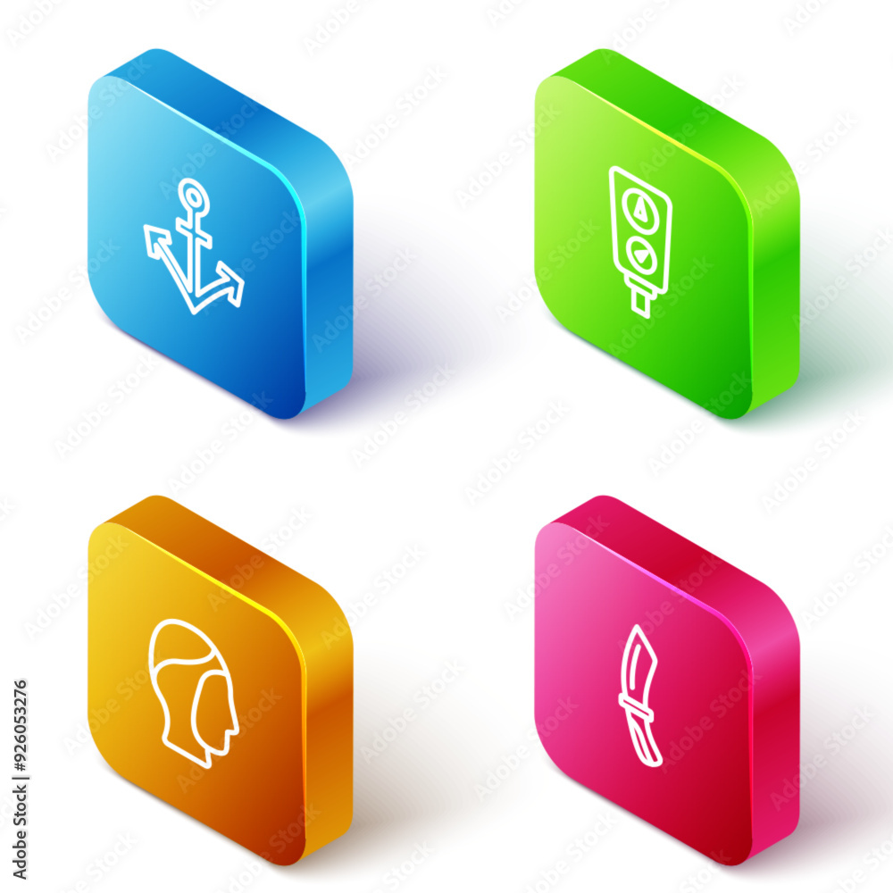 Set Isometric line Anchor, Gauge scale, Diving hood and knife icon. Vector Set Isometric line Anchor, Gauge scale, Diving hood and knife icon. Vector