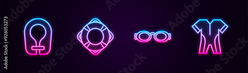 Set line Life jacket, Lifebuoy, Glasses for swimming and Wetsuit scuba diving. Glowing neon icon. Vector