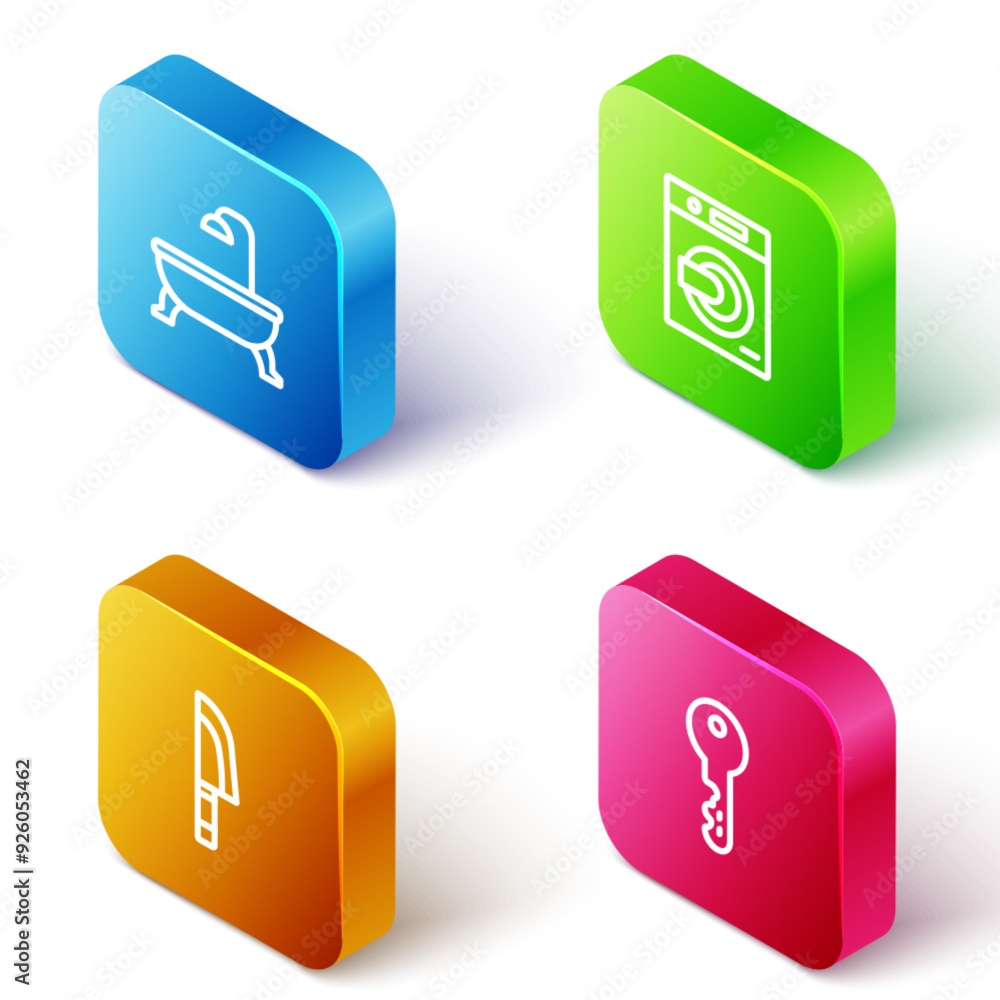 Set Isometric line Bathtub, Washer, Knife and House key icon. Vector Set Isometric line Bathtub, Washer, Knife and House key icon. Vector