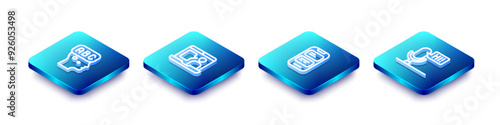Set Isometric line Learning foreign languages, Foreign online study, Online translator and Microphone voice device icon. Vector