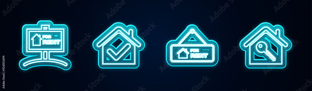 Set line Hanging sign with For Rent, House check mark, and key. Glowing neon icon. Vector Set line Hanging sign with For Rent, House check mark, and key. Glowing neon icon. Vector