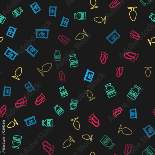 Set line Laptop with 18 plus content, Bottle pills for potency, Anal plug and Penis pump on seamless pattern. Vector