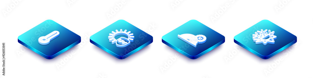 Set Isometric line Meteorology thermometer, UV protection, Rainbow with sun and Sun and snowflake icon. Vector Set Isometric line Meteorology thermometer, UV protection, Rainbow with sun and Sun and snowflake icon. Vector