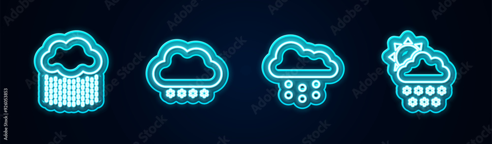 Set line Cloud with rain, snow, and and sun. Glowing neon icon. Vector Set line Cloud with rain, snow, and and sun. Glowing neon icon. Vector