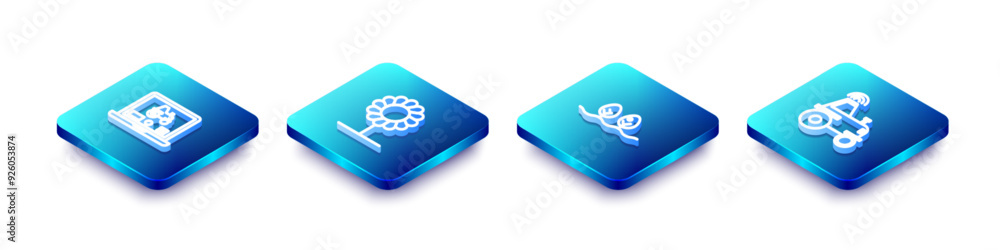 Set Isometric line Laptop application for smart farm, Flower, Plant and Wireless tractor icon. Vector Set Isometric line Laptop application for smart farm, Flower, Plant and Wireless tractor icon. Vector