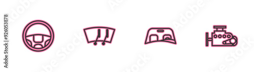 Set line Steering wheel, Car windscreen, Windscreen wiper and engine icon. Vector