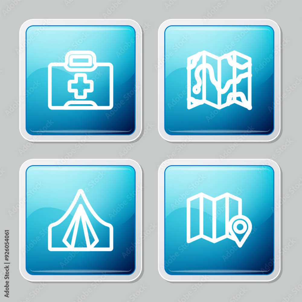 Set line First aid kit, Location of the forest on map, Tourist tent and icon. Vector Set line First aid kit, Location of the forest on map, Tourist tent and icon. Vector