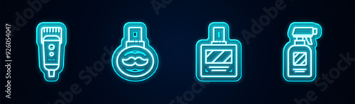 Set line Electrical hair clipper or shaver, Beard and mustaches care oil bottle, Aftershave and Hairdresser pistol spray. Glowing neon icon. Vector
