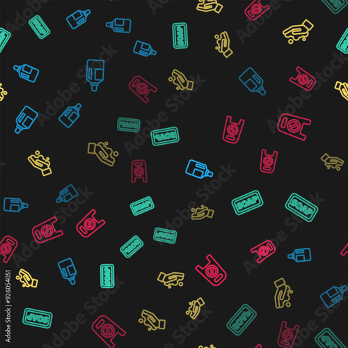 Set line Fabric softener, Bar soap, Washing hands with and Wet floor cleaning progress on seamless pattern. Vector