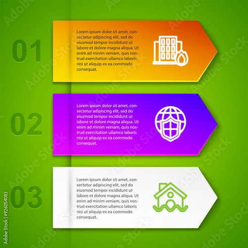 Set line Fire in burning house, Shield with world globe, House flood and insurance. Business infographic template. Vector