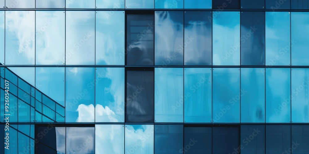 Close-up of modern architectural glass facade reflecting blue sky and clouds Close-up of modern architectural glass facade reflecting blue sky and clouds
