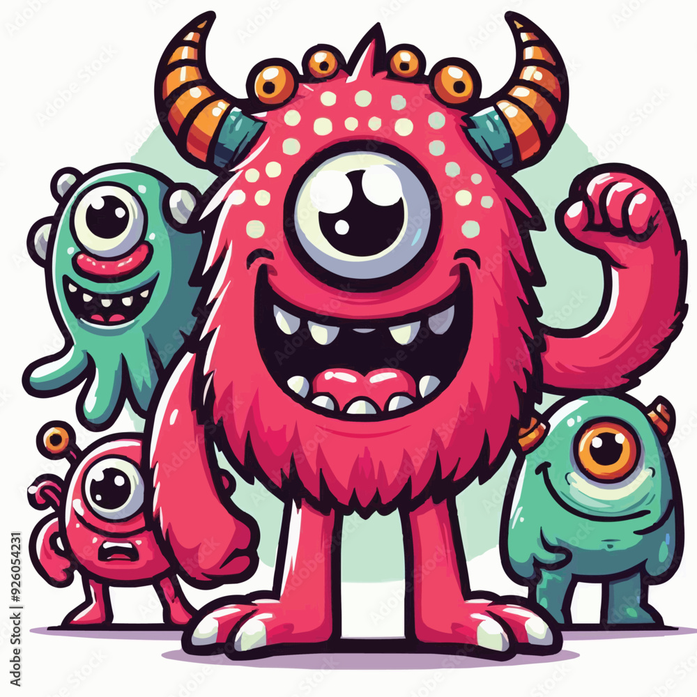 Fototapeta premium funny cute colorful monsters standing side by side, vector set illustration