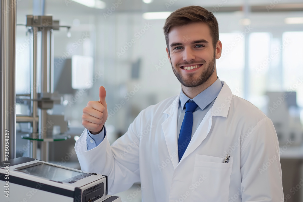 Young Scientist Smiling and Giving Thumbs Up in Modern Research Lab, Professional Attire Young Scientist Smiling and Giving Thumbs Up in Modern Research Lab, Professional Attire