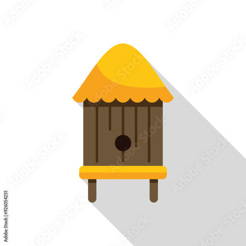 Wooden beehive standing on four legs with round entrance for bees flying around making sweet honey using honeycomb and propolis for beekeeping and apiculture