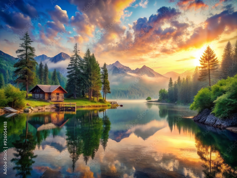 Golden hour paints tranquil lake with fiery hues, mirroring mountains in still water Golden hour paints tranquil lake with fiery hues, mirroring mountains in still water