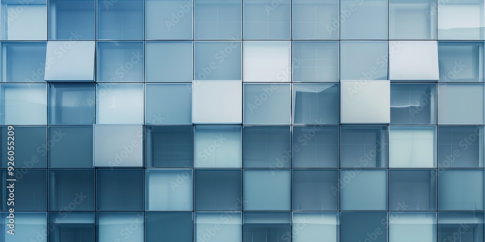 Close-up of modern glass facade featuring abstract patterns and varying shades of blue Close-up of modern glass facade featuring abstract patterns and varying shades of blue