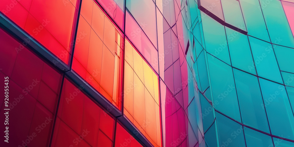 Closeup of vibrant modern architectural facade with reflective glass panels Closeup of vibrant modern architectural facade with reflective glass panels