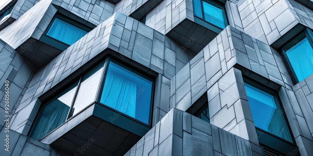 Close-up of modern architectural facade featuring geometric windows and textured concrete surfaces Close-up of modern architectural facade featuring geometric windows and textured concrete surfaces