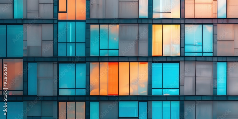 Close-up of modern architectural facade with colorful glass reflections at sunset Close-up of modern architectural facade with colorful glass reflections at sunset