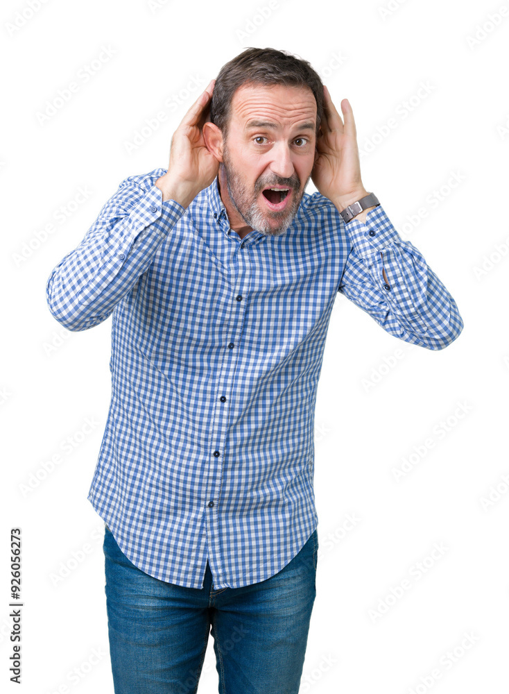 Handsome middle age elegant senior man over isolated background Trying to hear both hands on ear gesture, curious for gossip. Hearing problem, deaf Handsome middle age elegant senior man over isolated background Trying to hear both hands on ear gesture, curious for gossip. Hearing problem, deaf