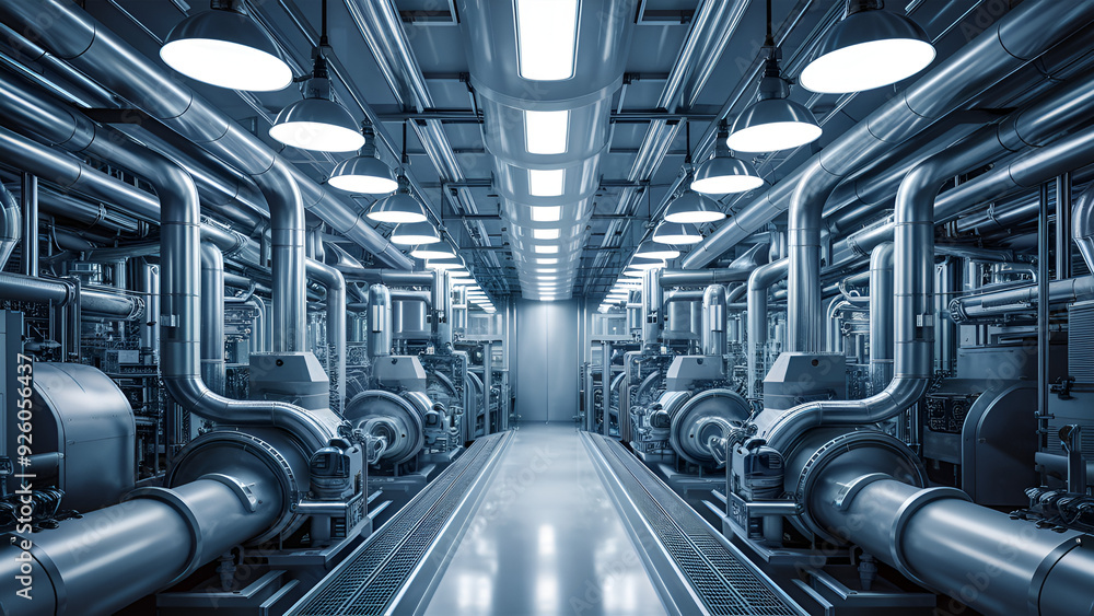 High-Tech Industrial Facility with Advanced Machinery and Stainless Steel Pipelines High-Tech Industrial Facility with Advanced Machinery and Stainless Steel Pipelines
