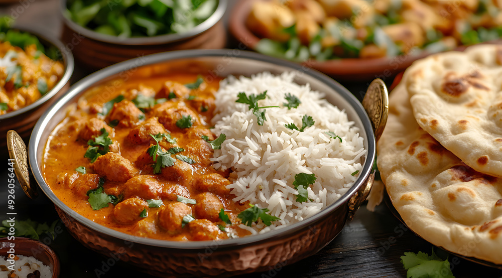 Colorful Kashmiri vegetarian meal featuring spicy curry, basmati rice, and naan bread, AI generated Colorful Kashmiri vegetarian meal featuring spicy curry, basmati rice, and naan bread, AI generated