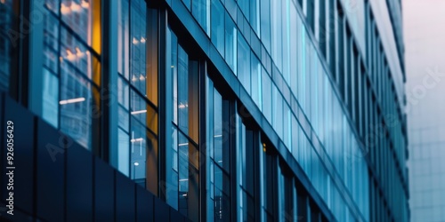 Close-up view of modern architecture featuring sleek glass façade reflecting urban light