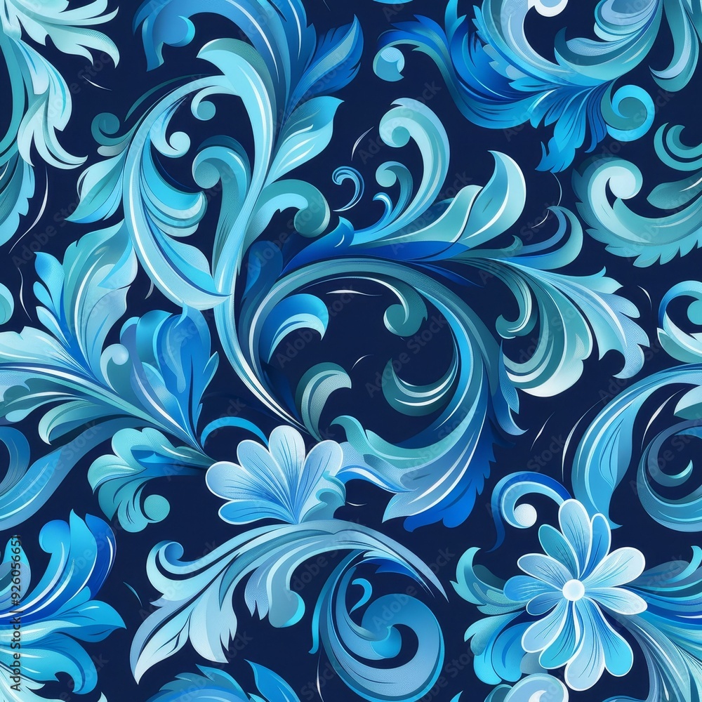 Elegant blue floral pattern featuring intricate swirls and vibrant tones, perfect for textiles and decorative design.