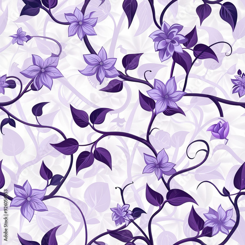 Elegant floral pattern featuring purple flowers and green leaves on a light background, perfect for textile and wallpaper design.