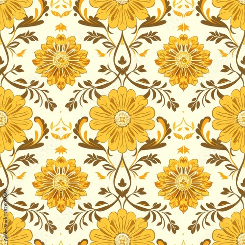 Elegant floral pattern featuring vibrant yellow flowers and intricate vines on a soft cream background.