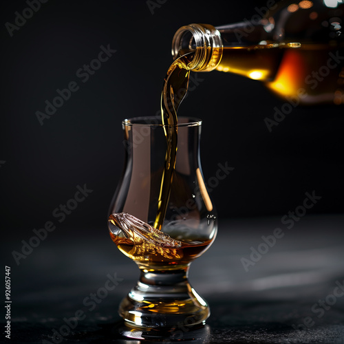 A bottle of whisky is poured into a glass