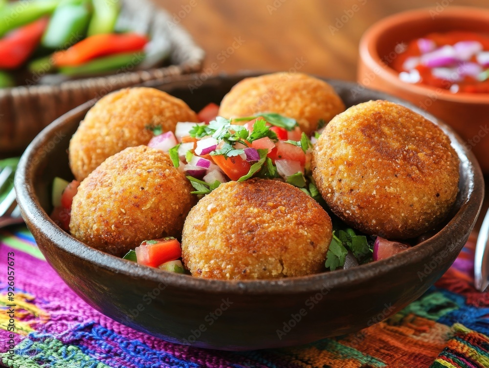 A bowl of crispy falafel served with fresh vegetables and herbs.