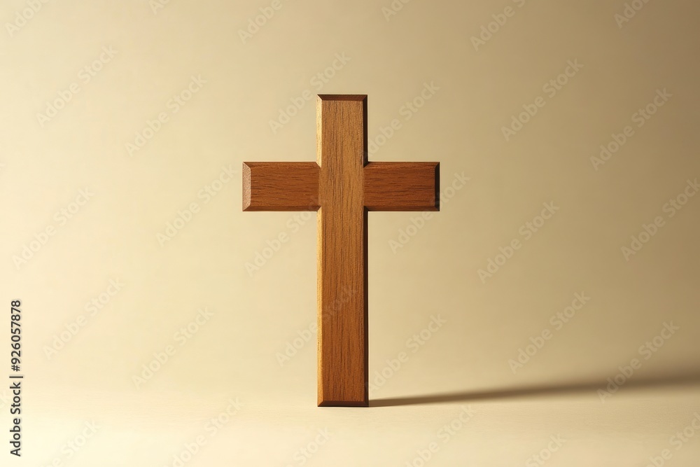 A minimalistic image of a wooden Christian cross on a beige background , ai A minimalistic image of a wooden Christian cross on a beige background , ai