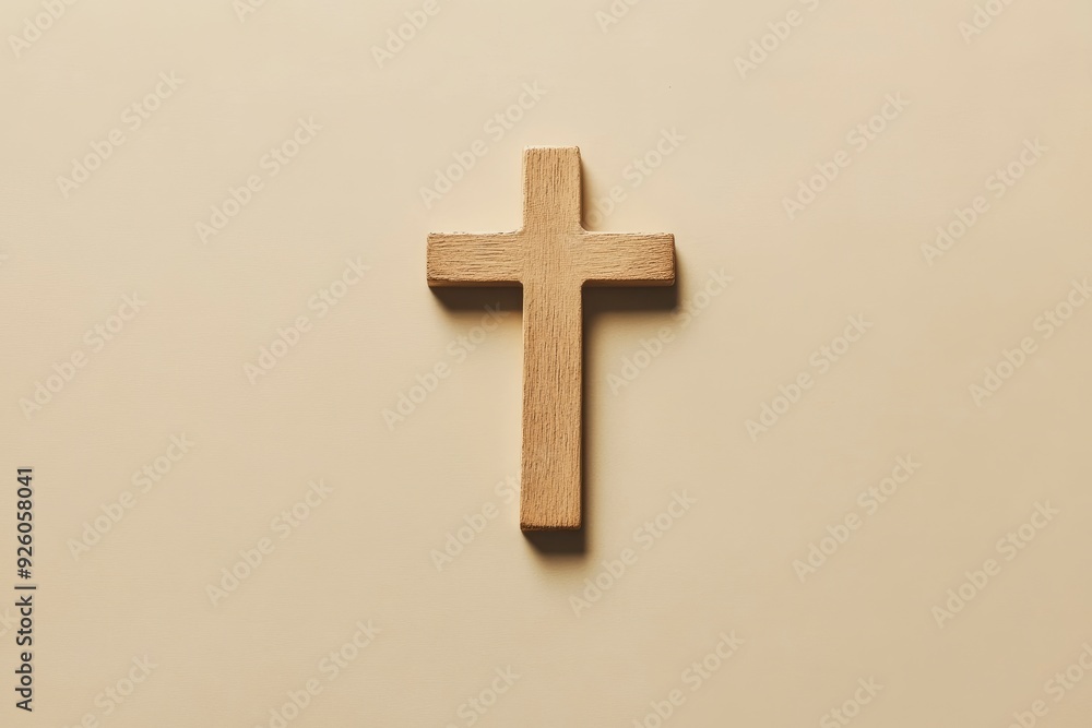 A minimalistic image of a wooden Christian cross on a beige background , ai A minimalistic image of a wooden Christian cross on a beige background , ai